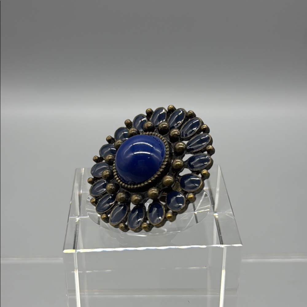 Elegant Blue and Brass Statement Ring